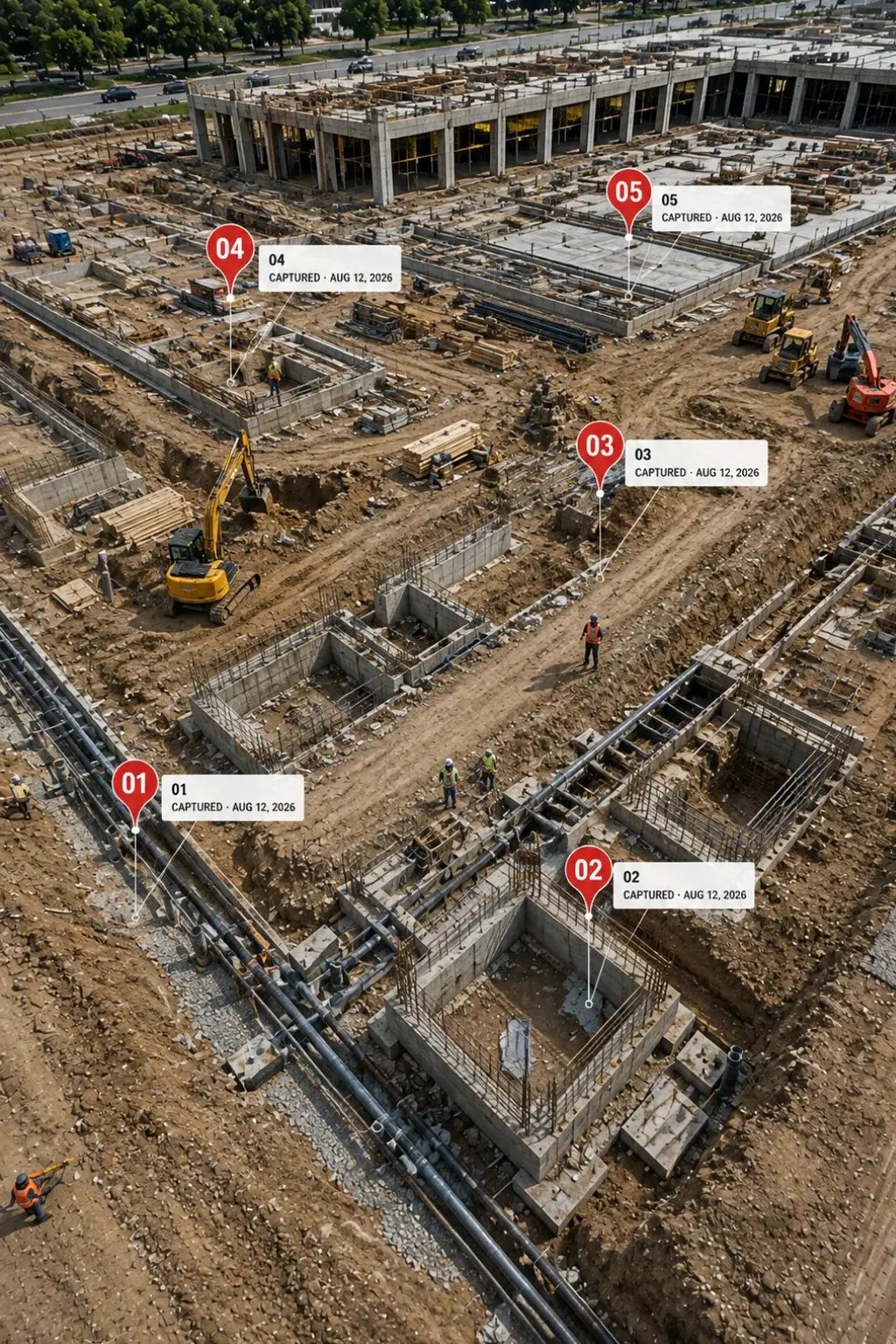Annotated 3D model of a construction site showing key project locations