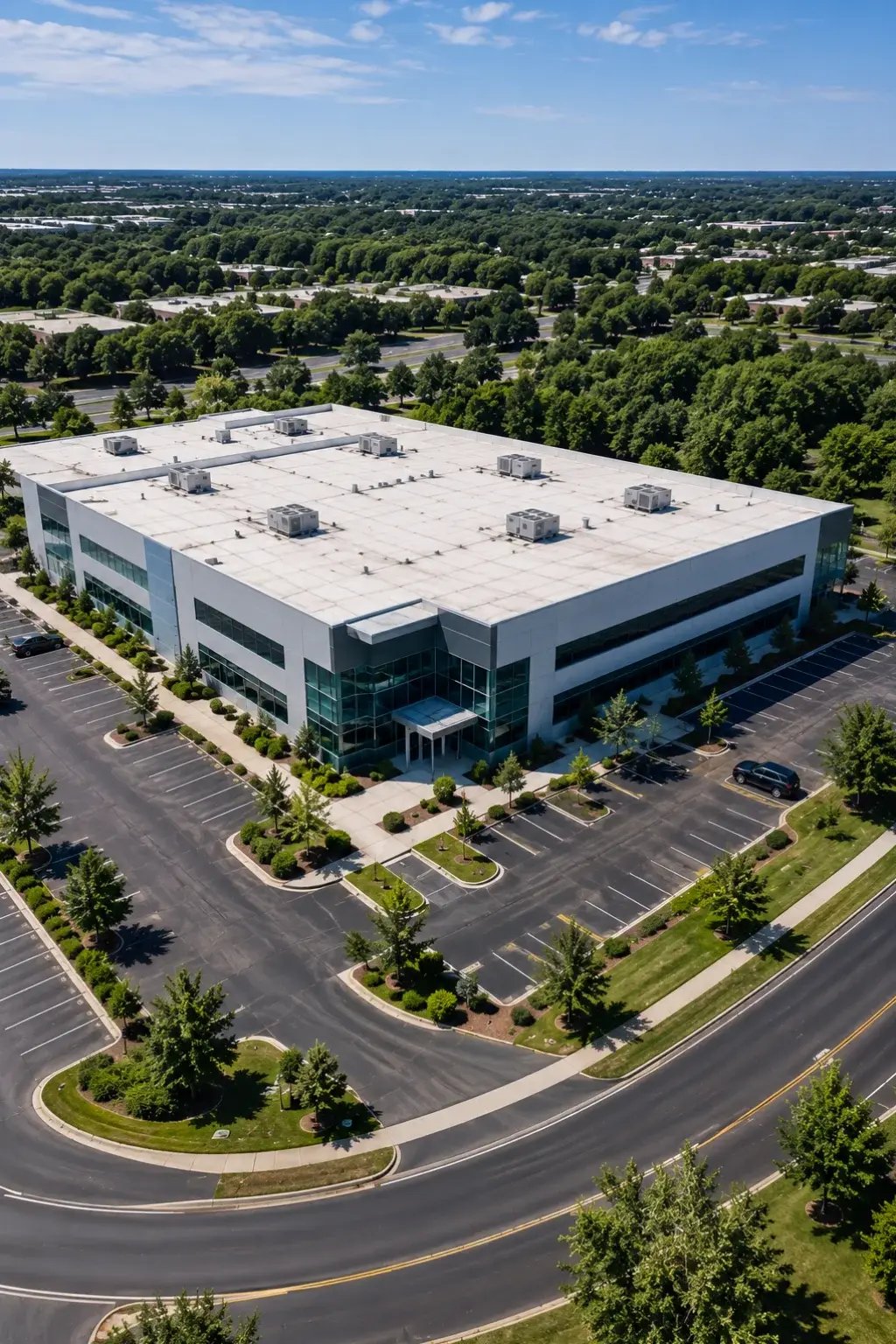 Aerial drone view of a commercial property and surrounding area