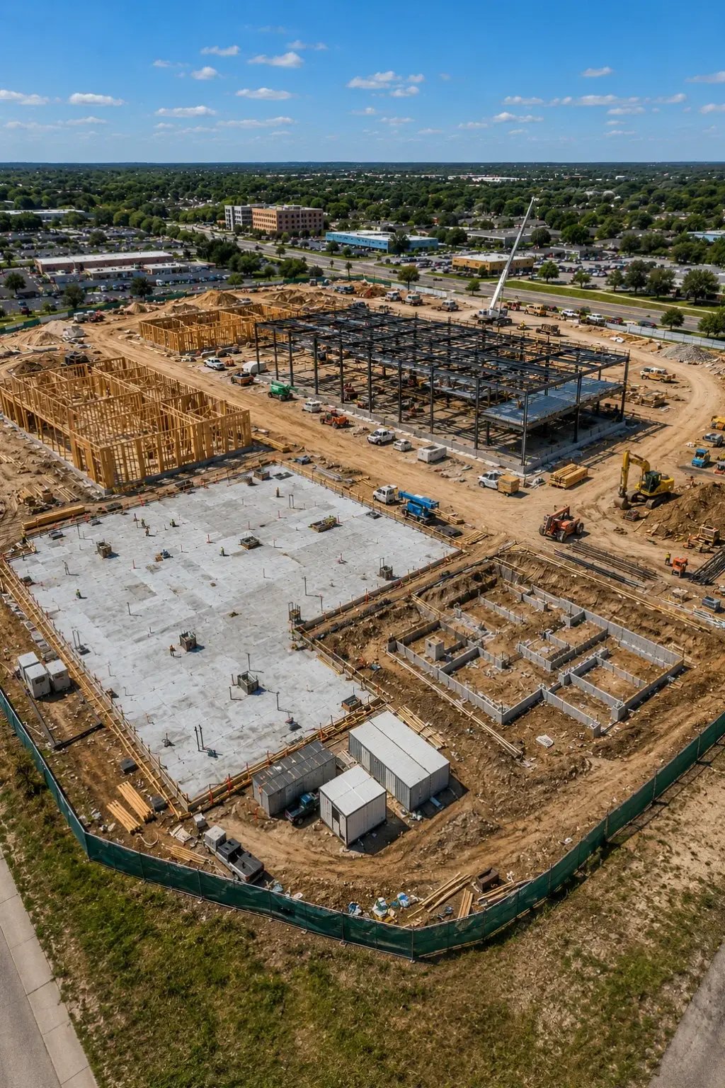Aerial drone view documenting construction site progress and foundation work