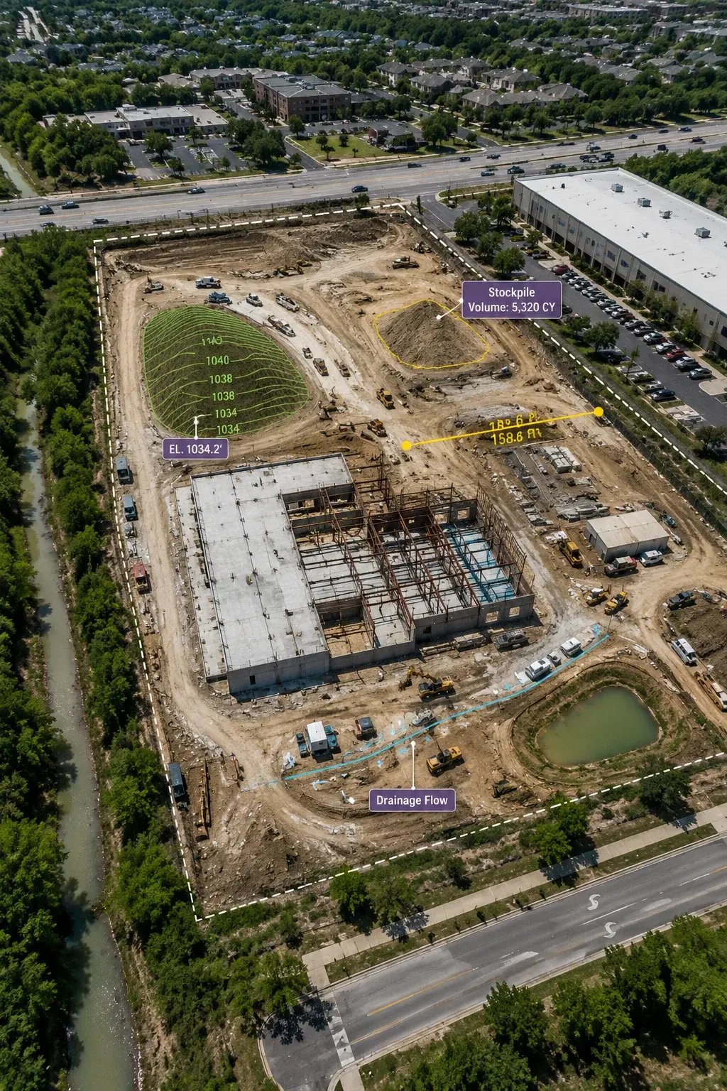 Aerial drone view of a construction site for mapping and site analysis