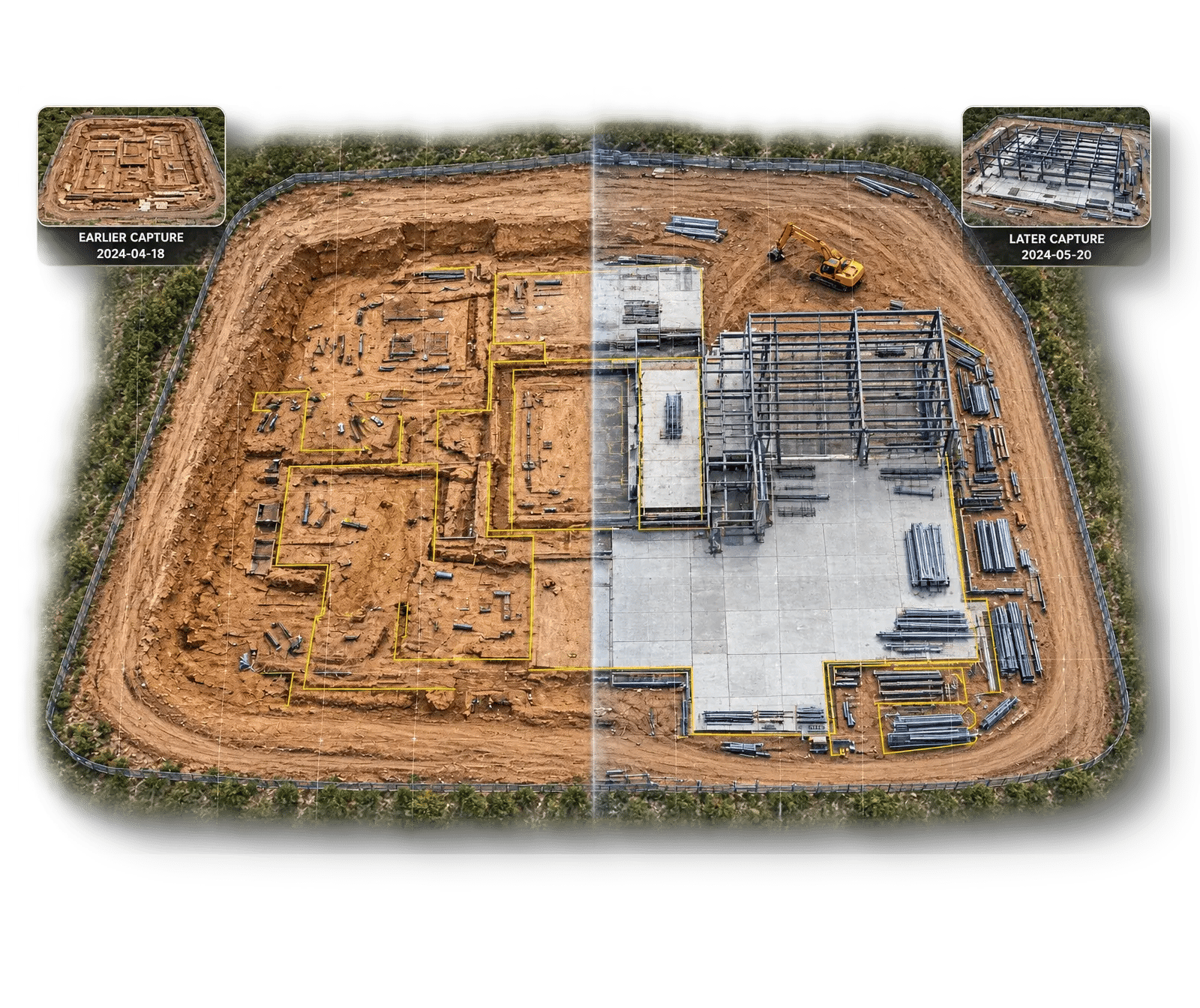 Aerial comparison showing construction site progress between two capture dates