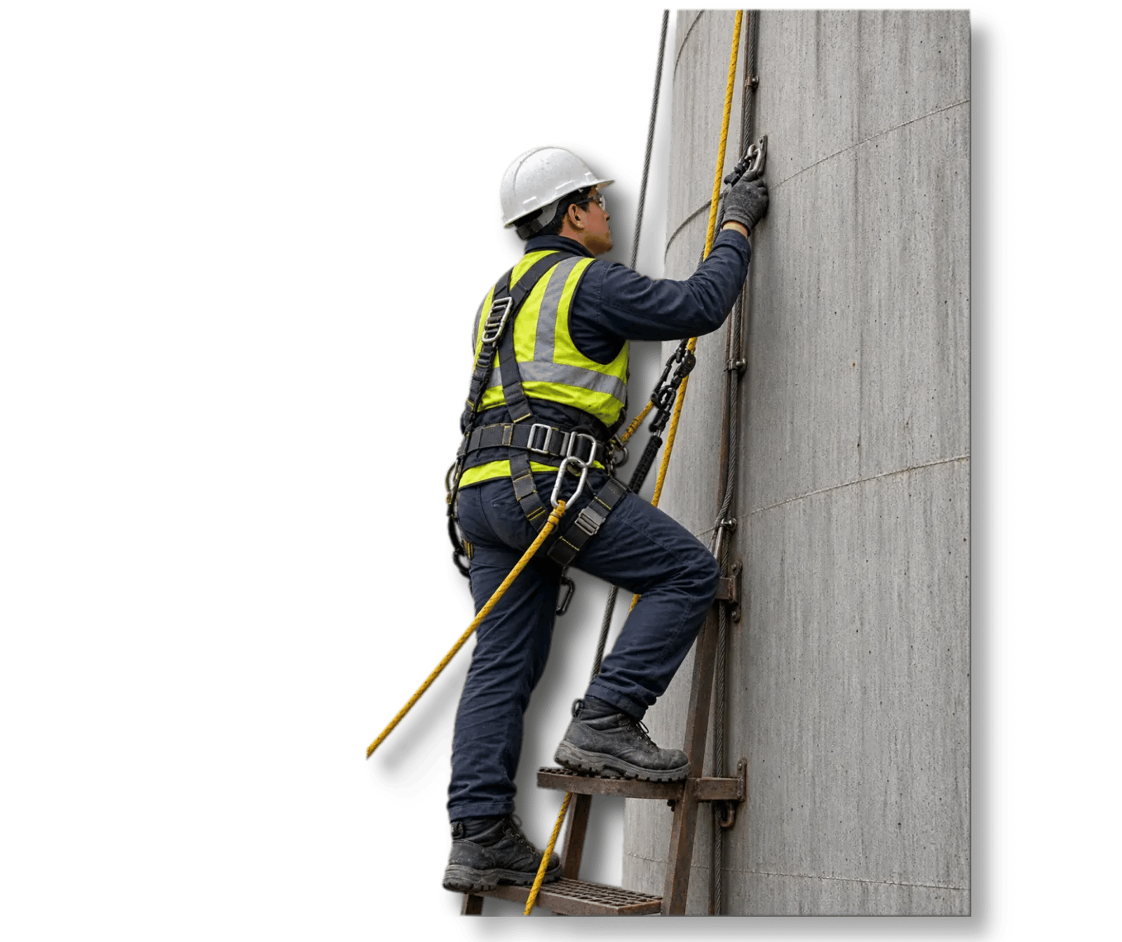 Worker using rope access to inspect a difficult-to-reach building exterior