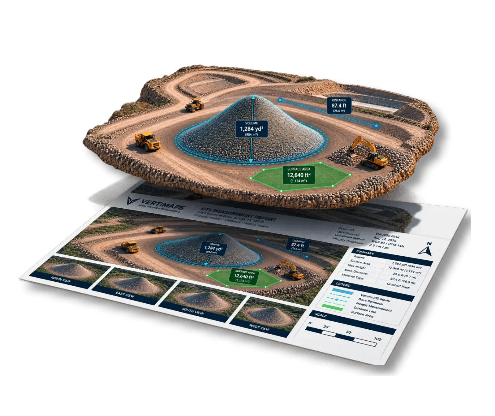 Drone mapping visualization showing stockpile volume and site measurements