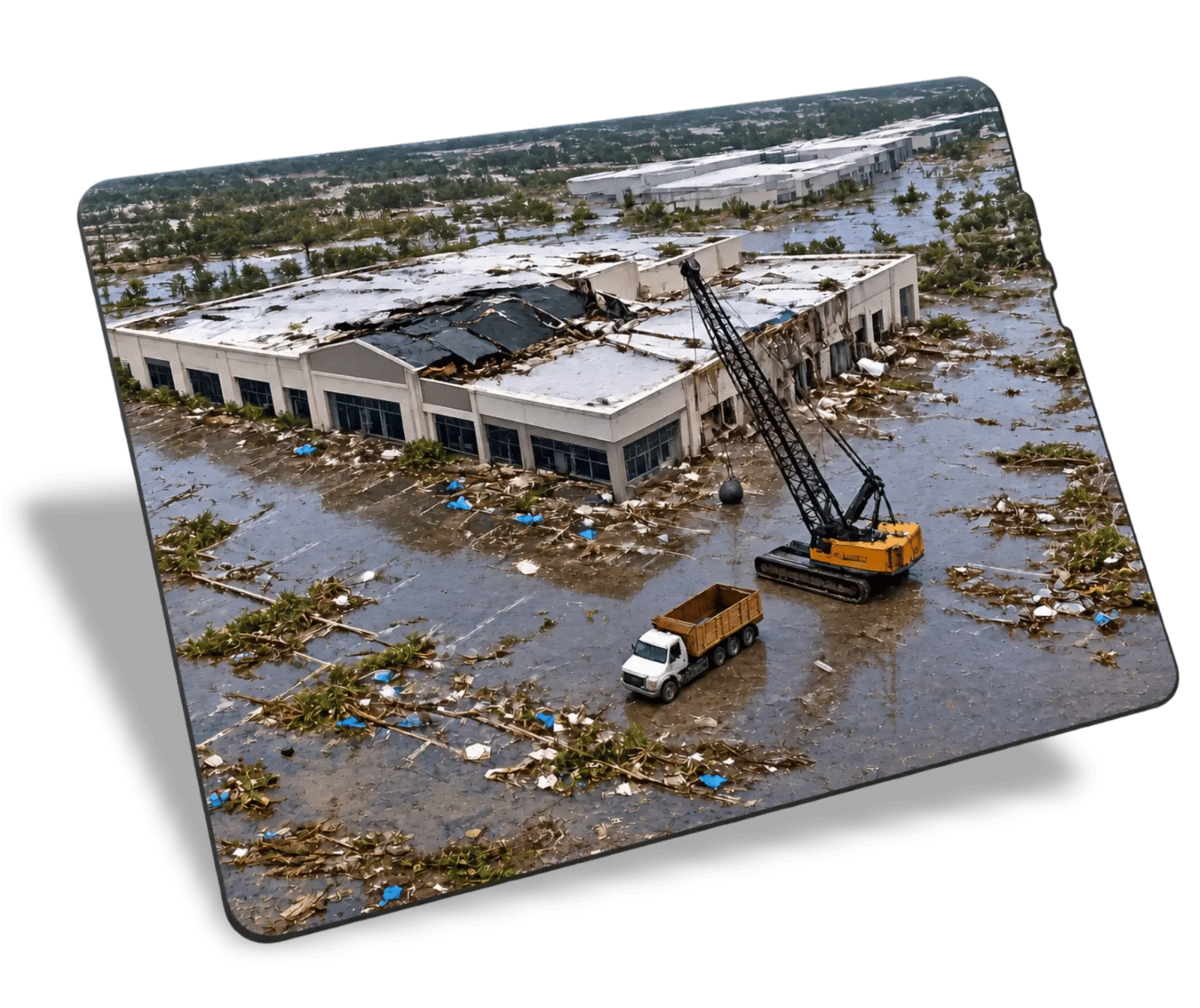 Aerial drone imagery documenting storm-damaged commercial property conditions