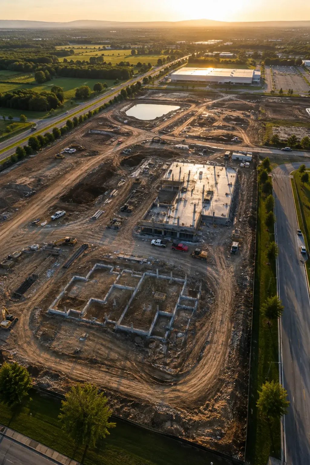 Aerial drone view documenting construction site conditions and progress