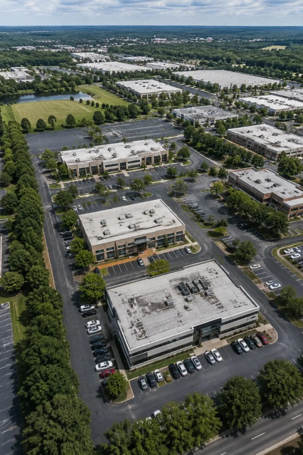 Aerial drone view of a commercial property portfolio for facility management