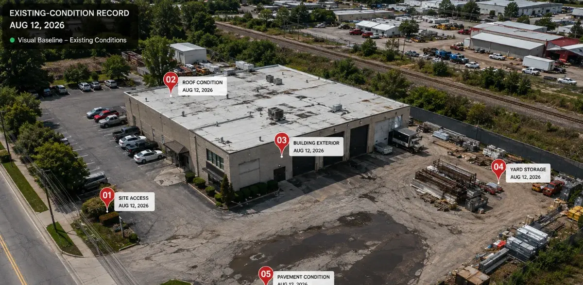 Annotated aerial view documenting existing conditions of a commercial property