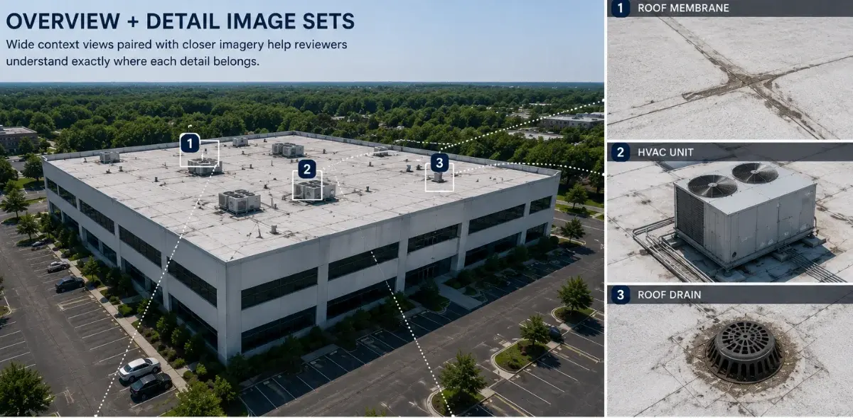 Aerial property inspection overview with detailed rooftop images