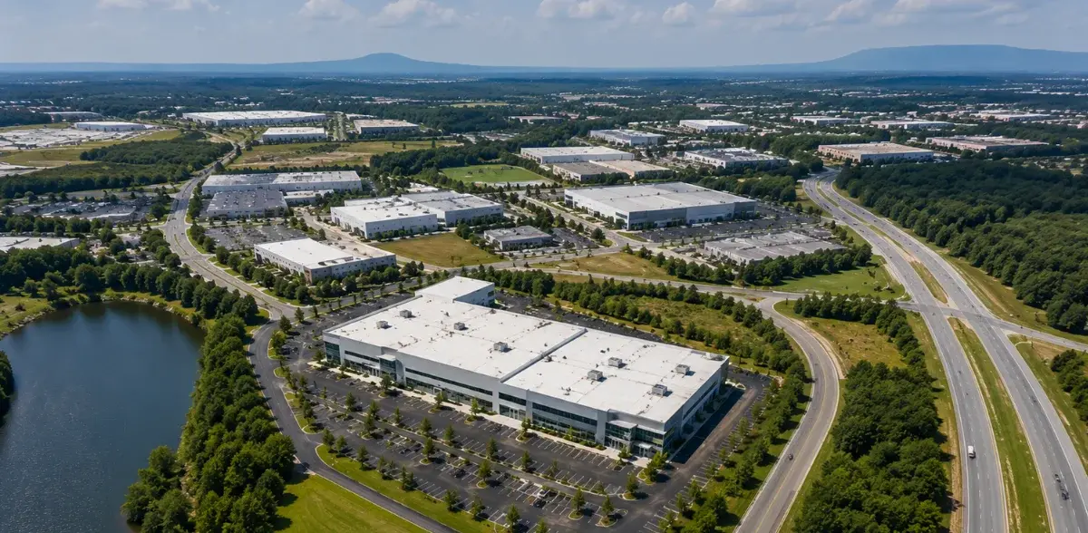 Aerial drone view showing commercial property layout and surrounding area