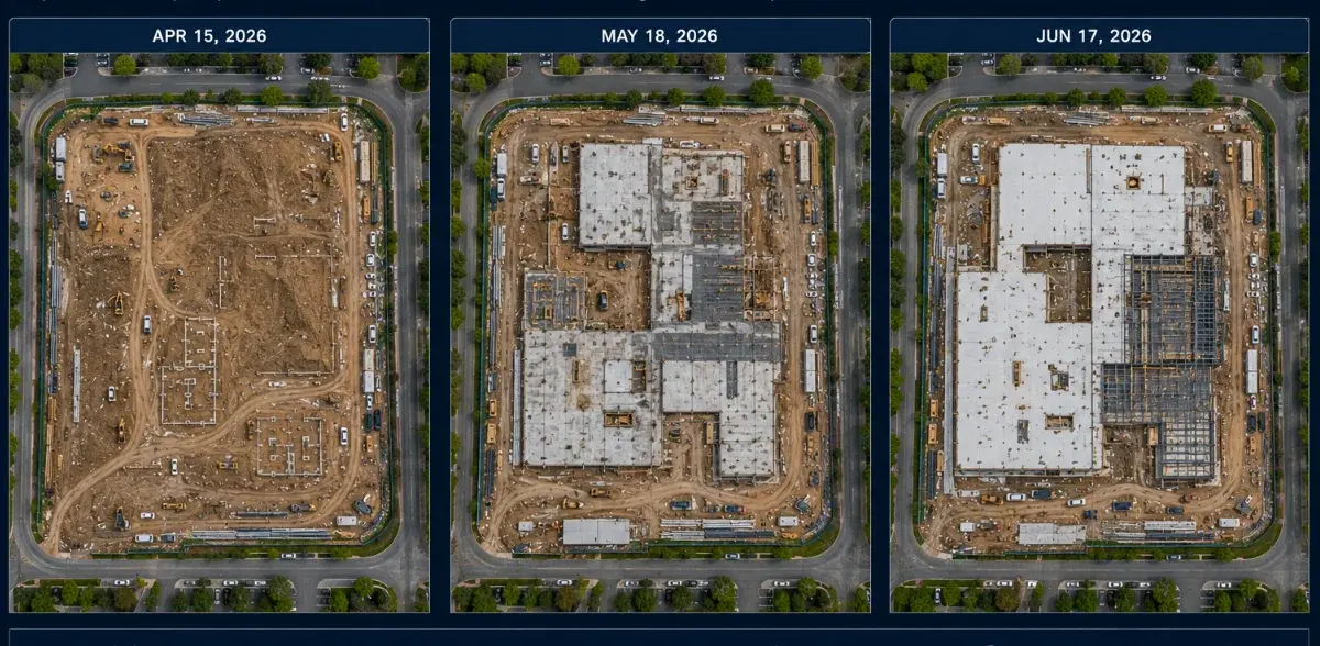 Construction site orthomosaics comparing progress across multiple dates