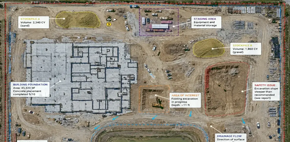Annotated drone orthomosaic showing construction site measurements and conditions