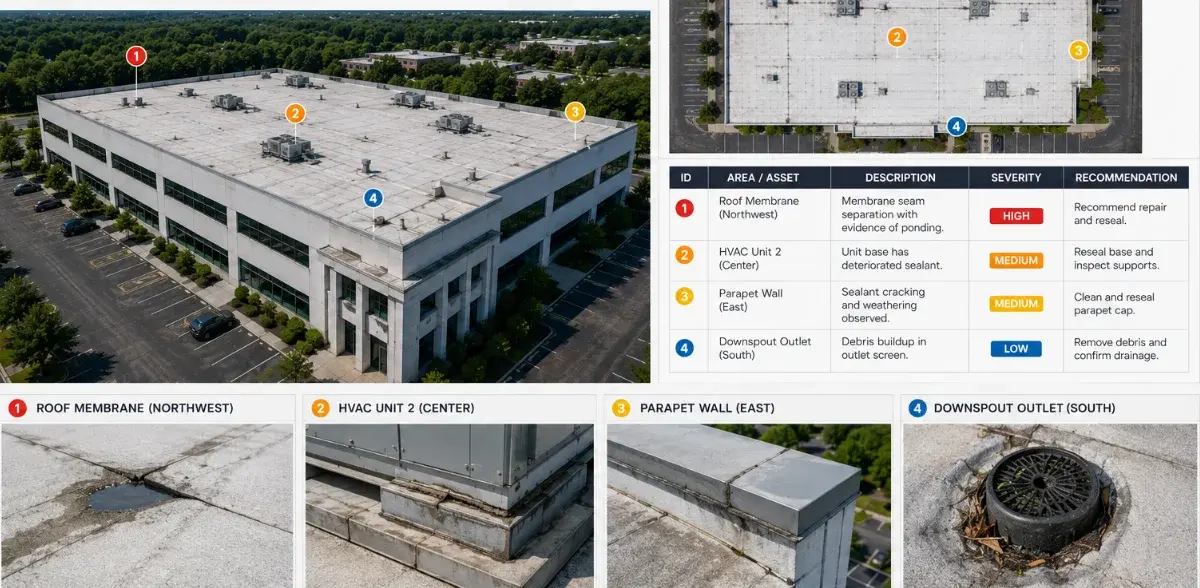 Annotated aerial inspection report showing commercial property conditions