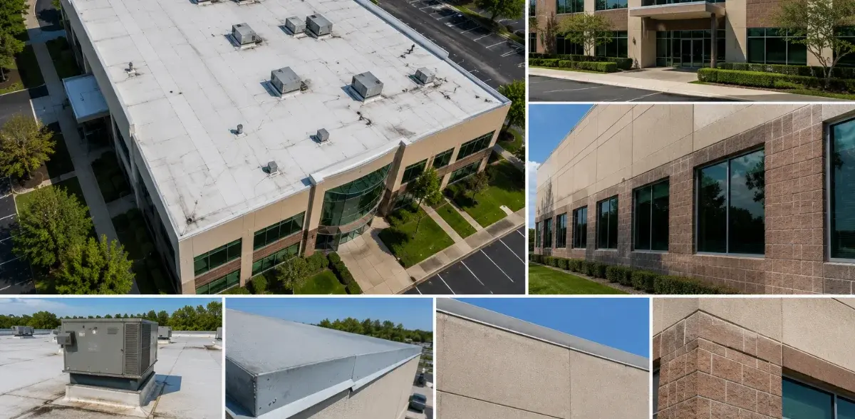 Drone inspection imagery of commercial building roofs and façades