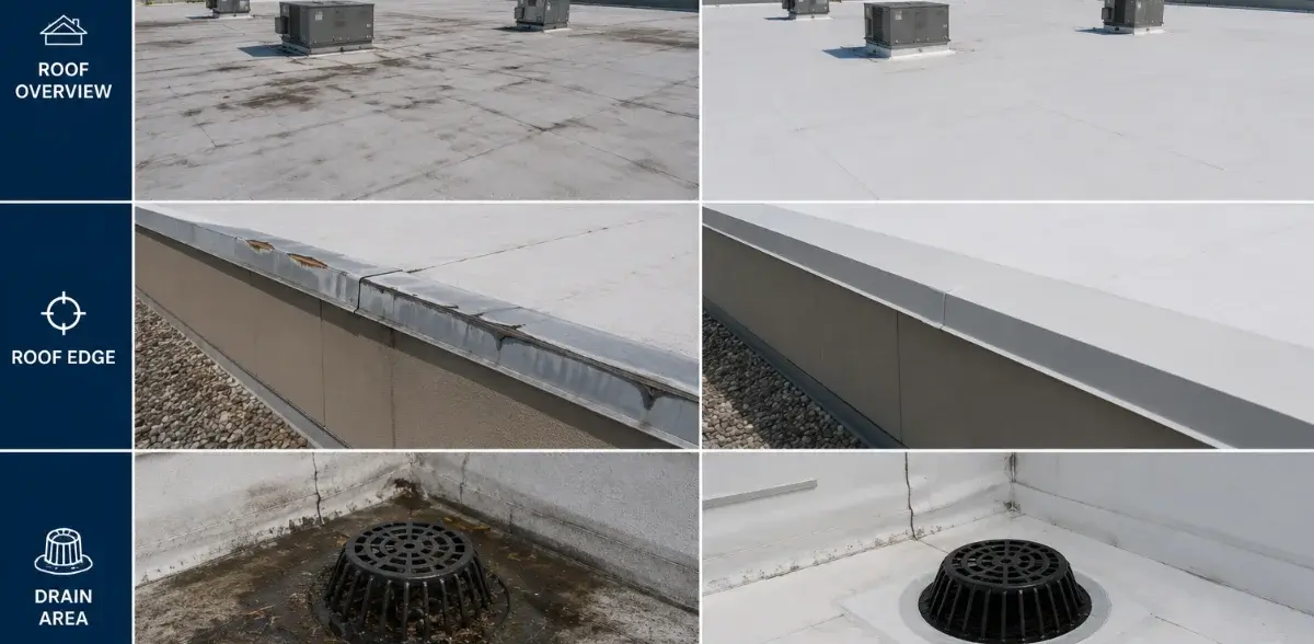 Before and after roof inspection imagery documenting maintenance and repairs